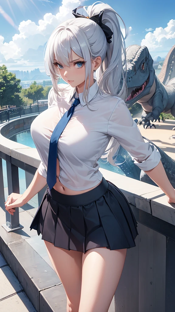 beautiful woman, perfect body, whole body, double ponytail hair, silver hair, split pompadour, shirt, dark blue, white miniskirt, two bare arms, two bare arms, white heels with red sole, dinosaur park background