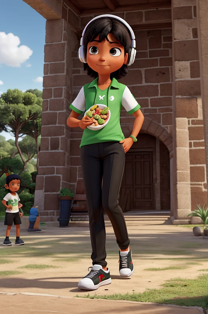 , with mexico shirt,with black pants, Black tennis shoes,with headphones,disrupted, eating a Sabrita,and in the background a tray from Mexico,in a park