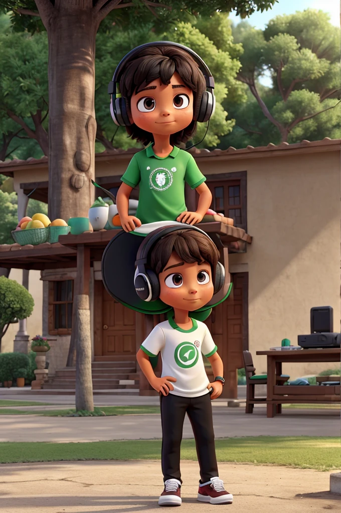 , with mexico shirt,with black pants, Black tennis shoes,with headphones,disrupted, eating a Sabrita,and in the background a tray from Mexico,in a park