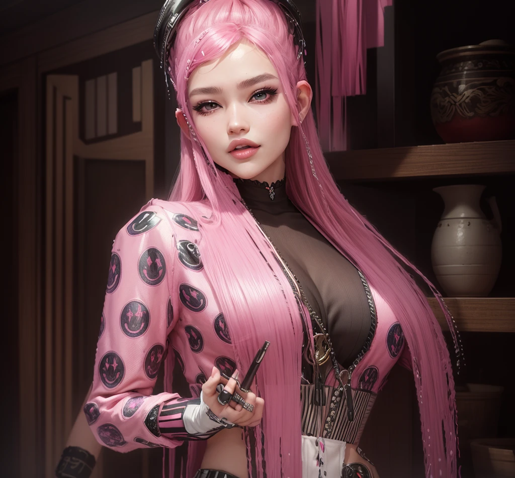 AVATAR SECOND LIFE Korean girl pink blouse smile, asiática pink hair, pink hair, pink hair, Perfect and detailed face, imvu, maximalist details, AVATAR SECOND LIFE Korean blouse and pants , neon, pink hair