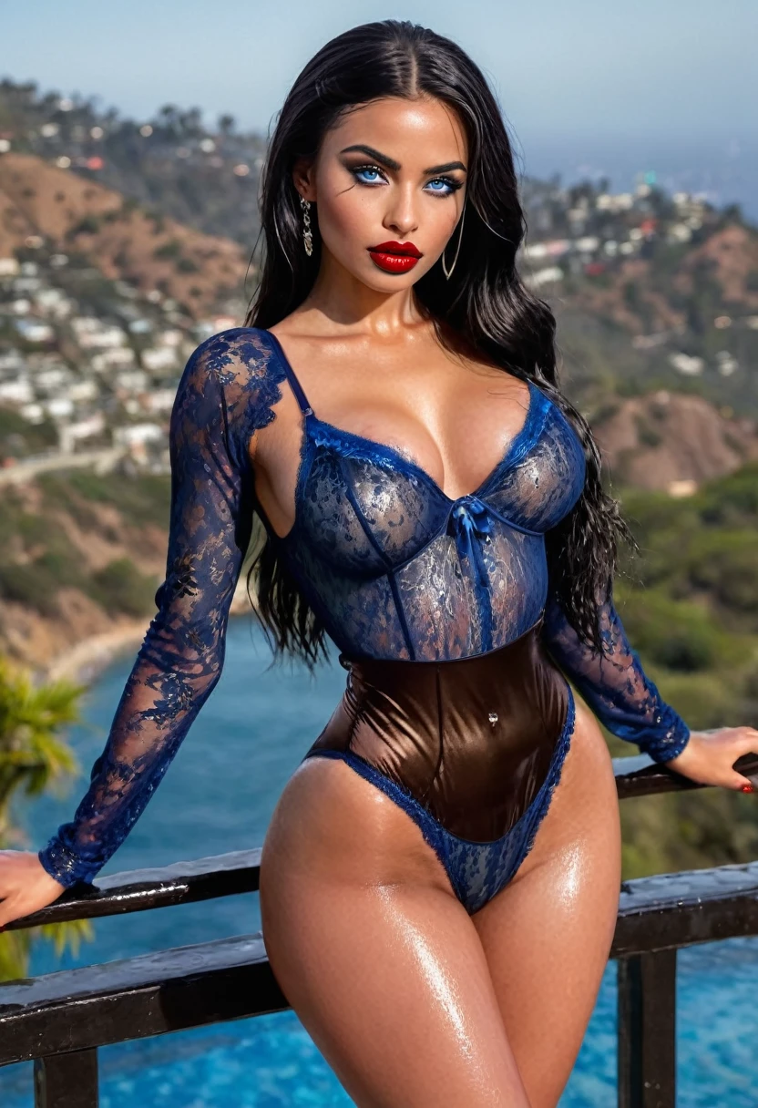 (muste piece, highest quality)((8k)),full body,super detailed,arab girl,black hair,very wide eyebrow ,blue eyes,red lips ,photorealistic,dark bronze shiny skin,beautiful female mode,dark skin, Black woman,sheer black lace bodysuit,Garter underwear,elegant dress ,black skin ,wet skin , blue eyes,sweaty skin,horny,in hollywood hills sign ,wet skin , (shiny skin), she is wet and intimate, she has a submissive expression, full body , hyperrealistic, unreal engine 5,Suggested pose, 8K