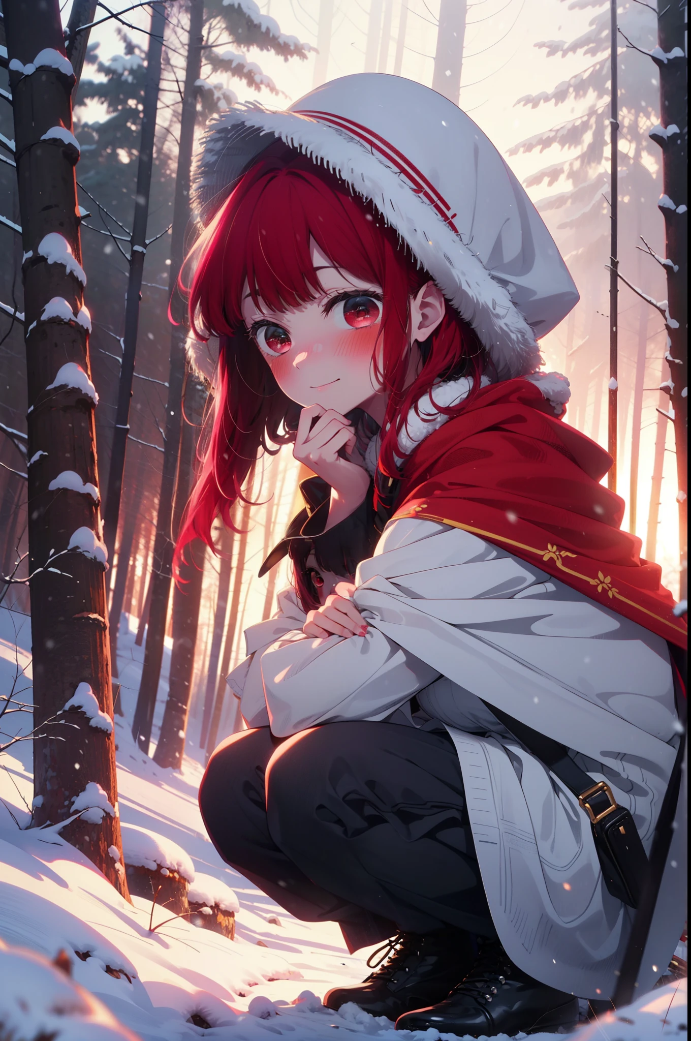 canary, Arima etc.., Long Hair,bangs, (Red eyes:1.3), Redhead, smile,Small breasts,ribbon,smile,blush,White Breath,
Open your mouth,snow,Ground bonfire, Outdoor, boots, snowing, From the side, wood, suitcase, Cape, Blurred, , forest, White handbag, nature, Squat, Mouth closed, Cape, winter, Written boundary depth, Black shoes, red Cape break looking at viewer, Upper Body, whole body, break Outdoor, forest, nature, break (masterpiece:1.2), Highest quality, High resolution, unity 8k wallpaper, (shape:0.8), (Beautiful and beautiful eyes:1.6), Highly detailed face, Perfect lighting, Extremely detailed CG, (Perfect hands, Perfect Anatomy),