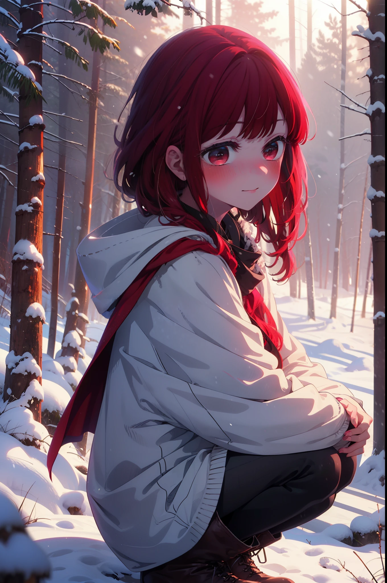 canary, Arima etc.., Long Hair,bangs, (Red eyes:1.3), Redhead, smile,Small breasts,ribbon,smile,blush,White Breath,
Open your mouth,snow,Ground bonfire, Outdoor, boots, snowing, From the side, wood, suitcase, Cape, Blurred, , forest, White handbag, nature, Squat, Mouth closed, Cape, winter, Written boundary depth, Black shoes, red Cape break looking at viewer, Upper Body, whole body, break Outdoor, forest, nature, break (masterpiece:1.2), Highest quality, High resolution, unity 8k wallpaper, (shape:0.8), (Beautiful and beautiful eyes:1.6), Highly detailed face, Perfect lighting, Extremely detailed CG, (Perfect hands, Perfect Anatomy),