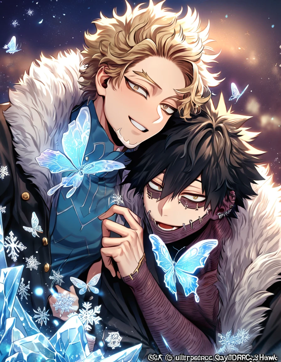 absurdres, highres, ultra detailed, HDR, master piece, best quality, extremely detailed face, delicated features, Hawks, ash blond hair, expressive brown eyes, Boku No Hero Academia, Dabi, black hair, expressive turquoise eyes, two sexy men together, yaoi, gay couple, handsome, smiling, blue jacket with fur, black coat, fantasy, magical, ice, blue fire, ice butterflies, snowflakes, starry night