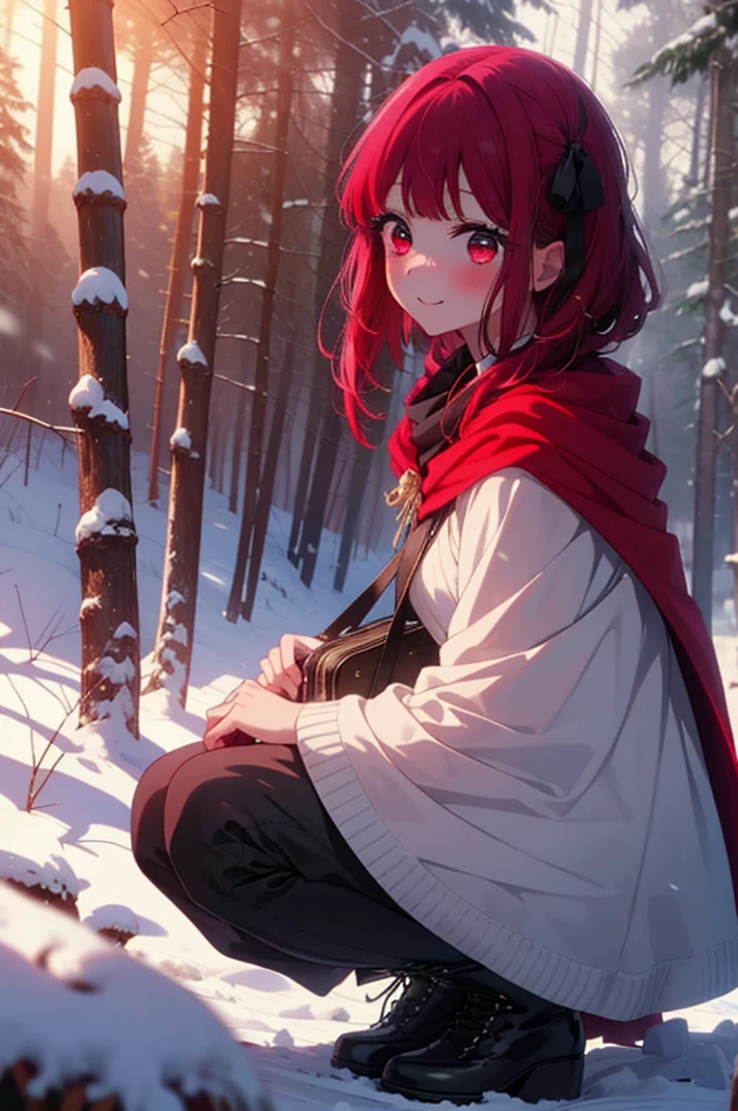 canary, Arima etc.., Long Hair,bangs, (Red eyes:1.3), Redhead, smile,Small breasts,ribbon,smile,blush,White Breath,
Open your mouth,snow,Ground bonfire, Outdoor, boots, snowing, From the side, wood, suitcase, Cape, Blurred, , forest, White handbag, nature, Squat, Mouth closed, Cape, winter, Written boundary depth, Black shoes, red Cape break looking at viewer, Upper Body, whole body, break Outdoor, forest, nature, break (masterpiece:1.2), Highest quality, High resolution, unity 8k wallpaper, (shape:0.8), (Beautiful and beautiful eyes:1.6), Highly detailed face, Perfect lighting, Extremely detailed CG, (Perfect hands, Perfect Anatomy),
