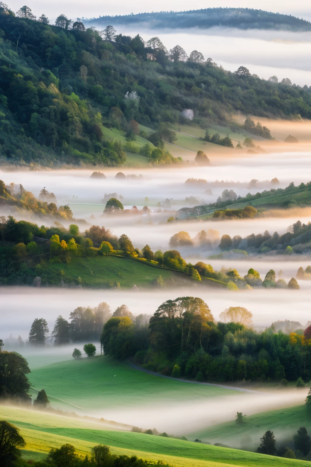((best quality)), ((masterpiece)), (detailed), "A misty valley at dawn, with rolling hills covered in a light layer of fog. The sunlight is just starting to break through, creating a mystical atmosphere."