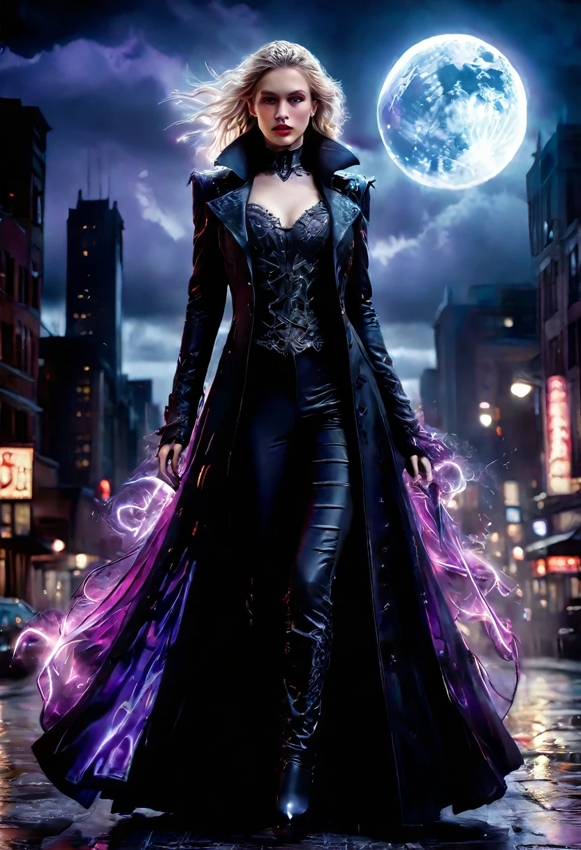 fantasy art, modern and gothic art, (masterpiece:1.5), full body best details, highly detailed, best quality, highres, full body portrait of a female vampire (Masterpiece, best quality: 1.6), ultra feminine, with a long curvy hair, blond hair, (red:1.3) eyes, ((beautiful delicate face)), Ultra Detailed Face (wearing elegant glamour open black trench coat: 1.5) , (flowing black trench coat: 1.5), wearing an intricate (purple suit: 1.2) (intricate details, Masterpiece, best quality: 1.3), high heeled boots, urban background (intense details, beat details), fantasy, at night light, natural ,moon light, clouds, gothic atmosphere, soft light, ((anatomically correct: 1.3)), high details, best quality, 16k, [ultra detailed], masterpiece, best quality, (extremely detailed), dynamic angle, drkfntasy, evening dress