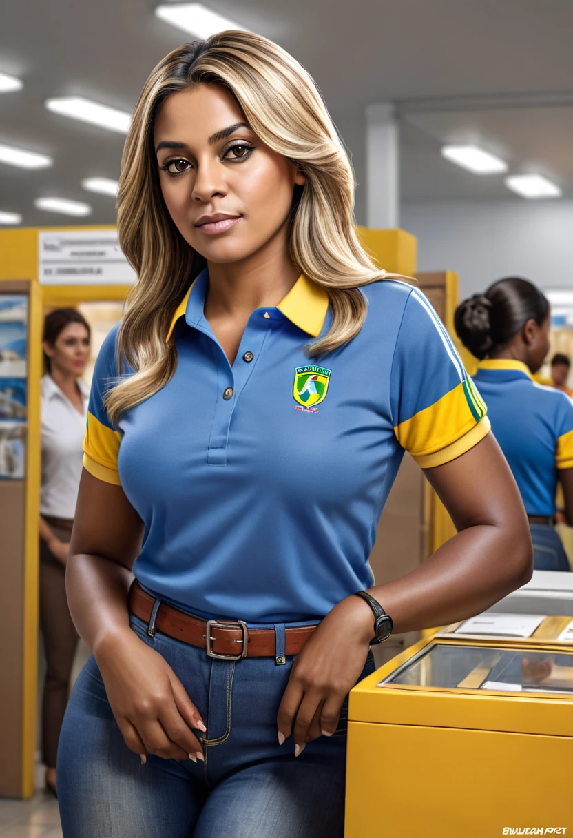 Hyper realistic image of a younger middle-aged woman, broad shoulders and back, thick thighs, tall, dark skin, straight hair with blonde highlights, bulky but fit body, large bust, brown eyes, dressed in a blue polo shirt with yellow stripes on the sleeves and collar and jeans and working as an attendant at the Brazilian post office