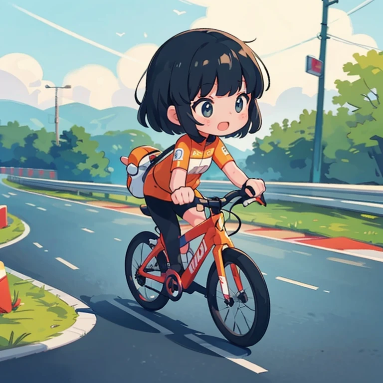 Little mascot girl, A female racer racing a road bike, Black Hair, semi-long, stylish, Road Bicycle Racing, A heated race between multiple road racers, speed, boost mood, Panning View, A female racer chasing another female racer ahead of her, Chasing from behind