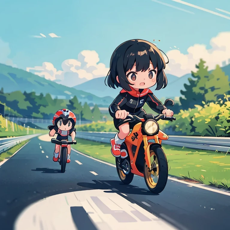 Little mascot girl, A female racer racing a road bike, Black Hair, semi-long, stylish, Road Bicycle Racing, A heated race between multiple road racers, speed, boost mood, Panning View, A female racer chasing another female racer ahead of her, Chasing from behind