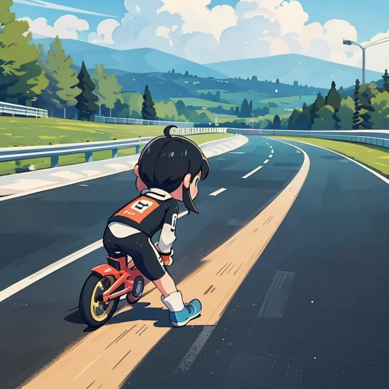 Little mascot girl, A female racer racing a road bike, Black Hair, semi-long, stylish, Road Bicycle Racing, A heated race between multiple road racers, speed, boost mood, Panning View, A female racer chasing another female racer ahead of her, Chasing from behind