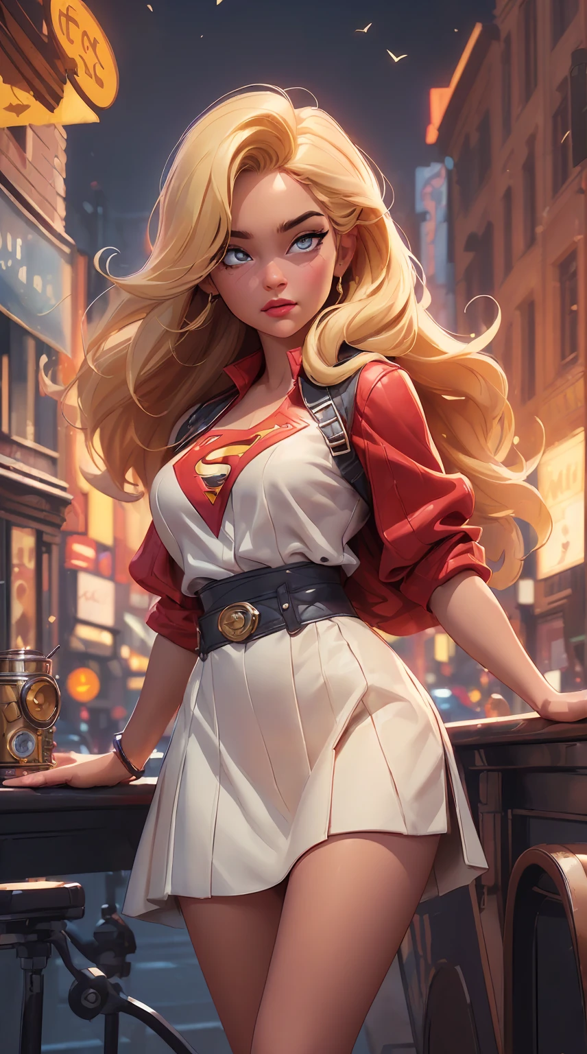 Supergirl,comely,dark complexion,hair blonde,American Girl,Flying in the sky,por Bob Byerley,por Charlie Bowater,Direction: Ko Young Hoon,New York City Background,classic 1940s look,(best qualityer,4K,8K,high resolution,work of art:1.2),ultra detali,(realisitic,photorealisitic,photo-realisitic:1.37),oil painting,image quality similar to a master&#39;s degree,ultra HD,impressive details,professional lighting,bright coloured,bokeh,Powerful superheroine,confident expression,floating gracefully above the city,classic american comics style,sharp focus,with a strong sense of movement, dynamic and captivating,Attractive and energetic.