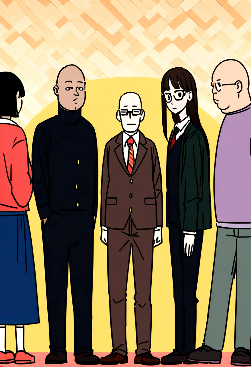 Remove the girl on the right from the photo, the second man (The bald) need to be fatter, the guy with glasses in the middle with the brown suit needs to have curly hair, the one on the right with glasses has to have short hair, the man on the right may be blond and without glasses.