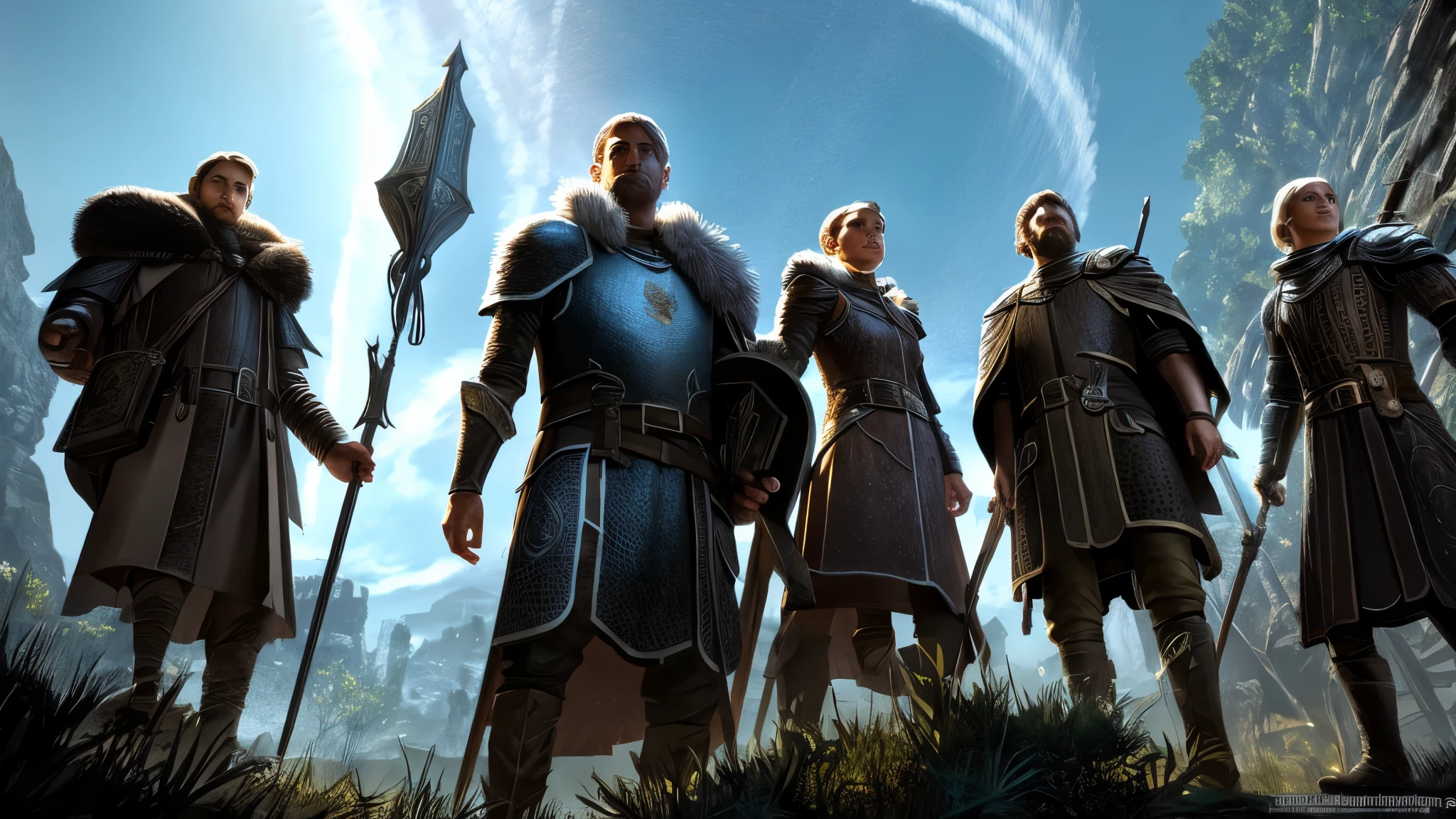 a knight, a ranger, a cleric, and a wizard exploring through a dark dungeon.