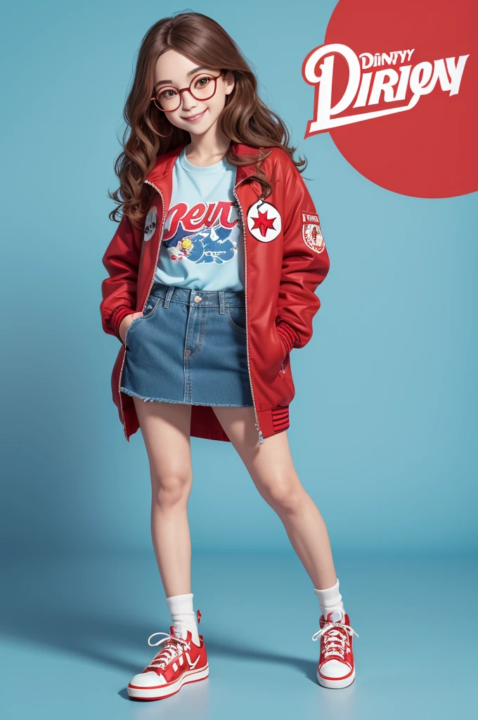 Funnily character, disney pixar style, 3d, very tiny, with long wavy brown hair, heat denim pleated skirt, red al star sneakers, red american football style jacket, with happy face, light blue skin, Round Red Glasses, white background 8k quality