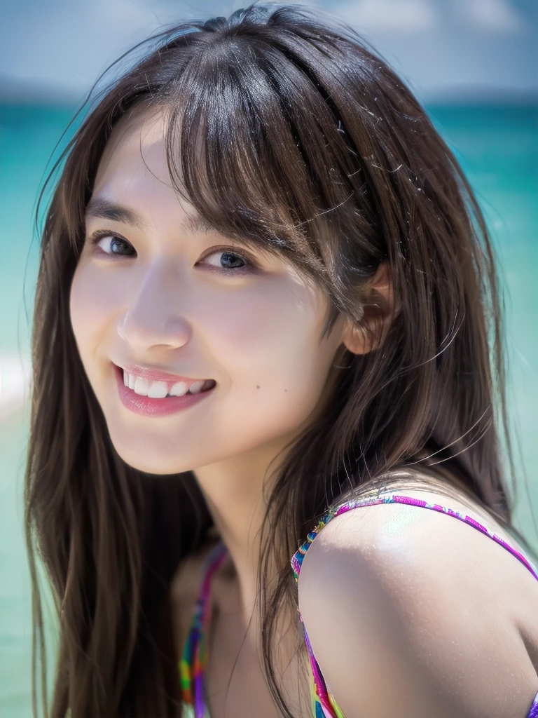 a beautiful young woman with a cute smile on a sunny beach, detailed portrait, intricate features, one piece swimsuit, dynamic pose, 8k, photorealistic, masterpiece, (best quality, 4k, 8k, highres, masterpiece:1.2), ultra-detailed, (realistic, photorealistic, photo-realistic:1.37), HDR, UHD, studio lighting, ultra-fine painting, sharp focus, physically-based rendering, extreme detail description, professional, vivid colors, bokeh, portrait, high resolution, beautiful and exquisite, small face, true face