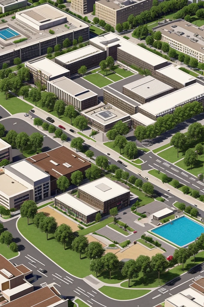 Create a top view map that has 1. The hospital is between the school and the cinema 2. The shopping center is located in front of cinema 3. The park is located behind shopping center 4. The fire station is located next to park 5. The police station is located next to the shopping center 