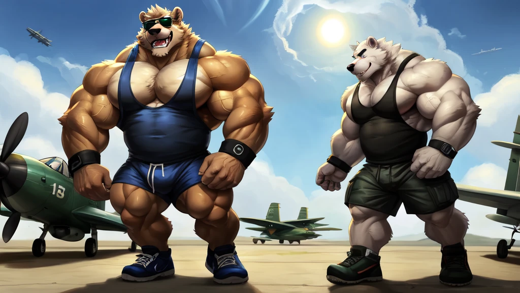 By dangpa, By daveoverlord, by kuulongarl, by takemoto, by kusunagi polar bear, muscular, topless, military, planes, huge pec, pectoral, large , blue tank top, black gym shorts, black wristbands, black gym shoes, wearing black sun glasses, attractive guy, 8k furry art