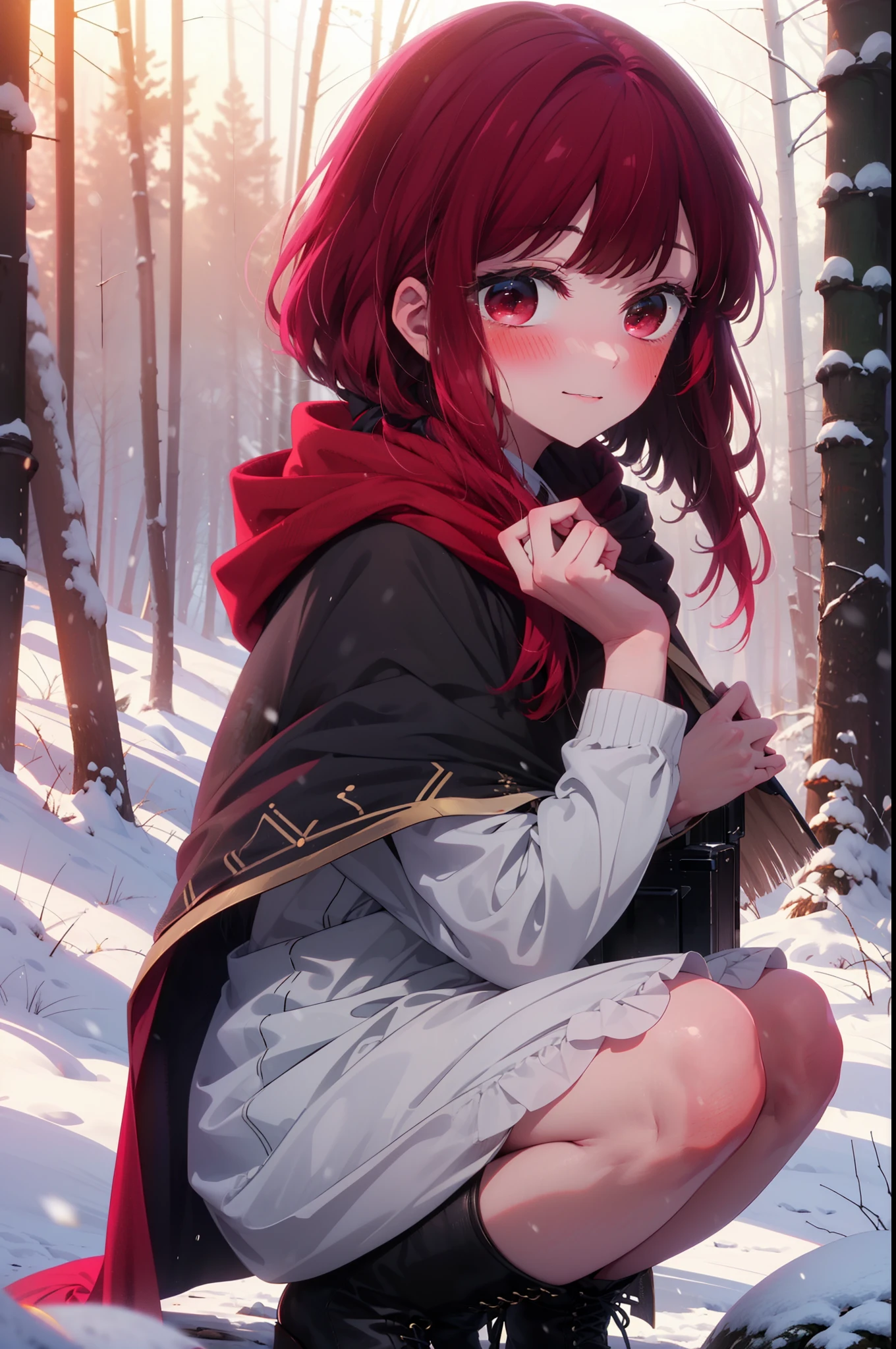 canary, Arima etc.., Long Hair,bangs, (Red eyes:1.3), Redhead, smile,Small breasts,ribbon,smile,blush,White Breath,
Open your mouth,snow,Ground bonfire, Outdoor, boots, snowing, From the side, wood, suitcase, Cape, Blurred, , forest, White handbag, nature, Squat, Mouth closed, Cape, winter, Written boundary depth, Black shoes, red Cape break looking at viewer, Upper Body, whole body, break Outdoor, forest, nature, break (masterpiece:1.2), Highest quality, High resolution, unity 8k wallpaper, (shape:0.8), (Beautiful and beautiful eyes:1.6), Highly detailed face, Perfect lighting, Extremely detailed CG, (Perfect hands, Perfect ???????),