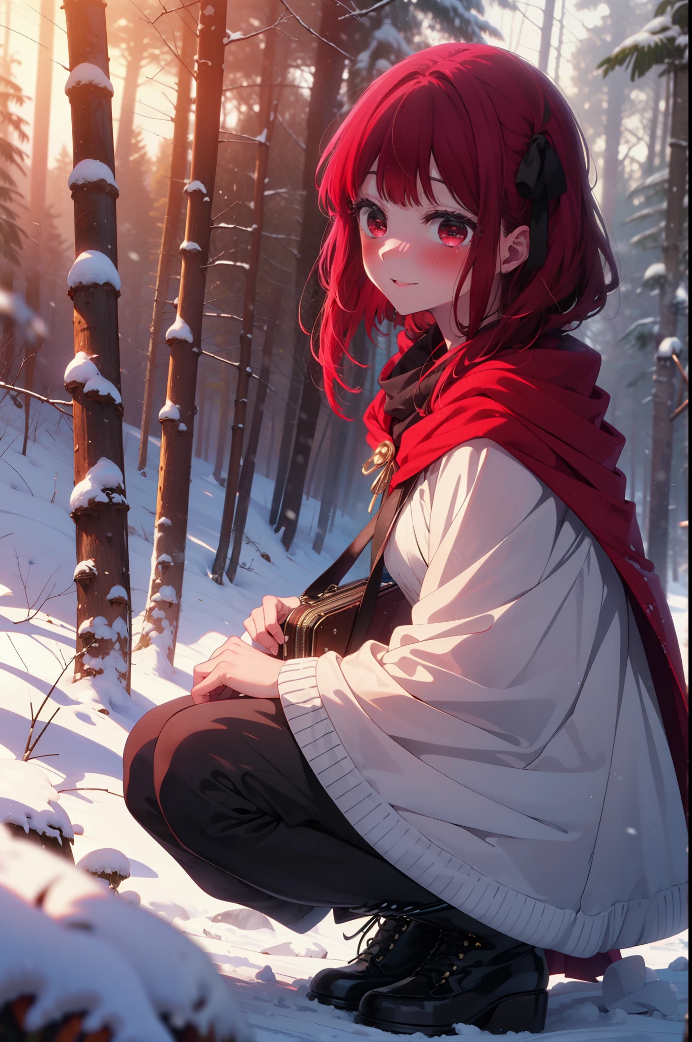 canary, Arima etc.., Long Hair,bangs, (Red eyes:1.3), Redhead, smile,Small breasts,ribbon,smile,blush,White Breath,
Open your mouth,snow,Ground bonfire, Outdoor, boots, snowing, From the side, wood, suitcase, Cape, Blurred, , forest, White handbag, nature, Squat, Mouth closed, Cape, winter, Written boundary depth, Black shoes, red Cape break looking at viewer, Upper Body, whole body, break Outdoor, forest, nature, break (masterpiece:1.2), Highest quality, High resolution, unity 8k wallpaper, (shape:0.8), (Beautiful and beautiful eyes:1.6), Highly detailed face, Perfect lighting, Extremely detailed CG, (Perfect hands, Perfect Anatomy),