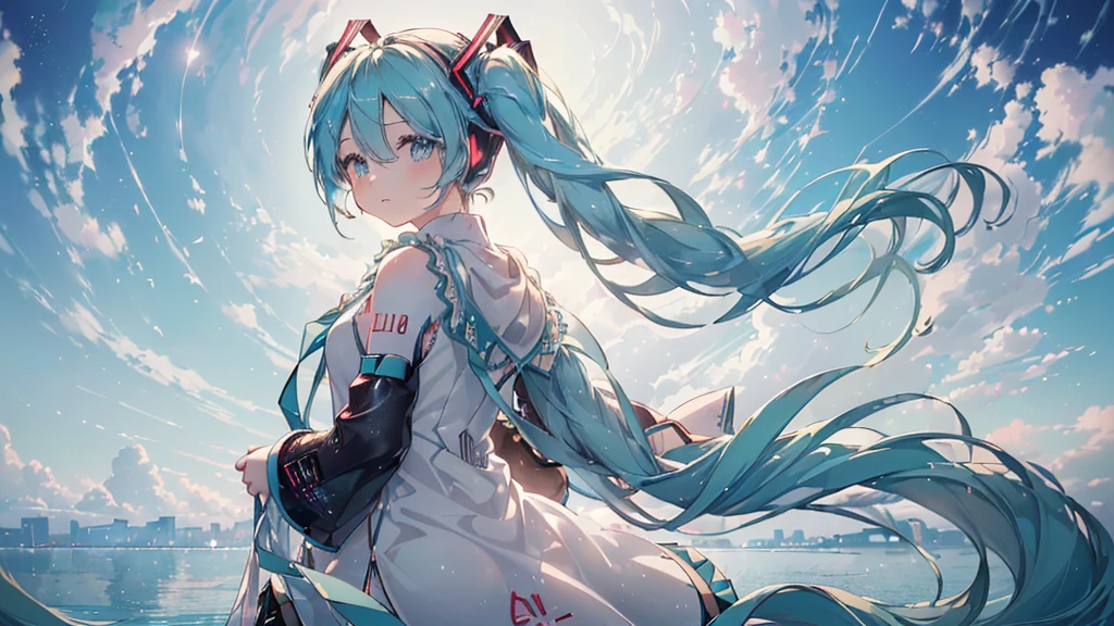 ((Asahi), ((Beautiful eyes)), (((Hatsune Miku))), (((Highest quality、masterpiece、Ultra-fine、Ultra-fine、Exquisite、16K、Full HD,))) 、(((look back))),Long eyelashes、White skin、(thin and long)、 ((cute)) ((One person)) 、