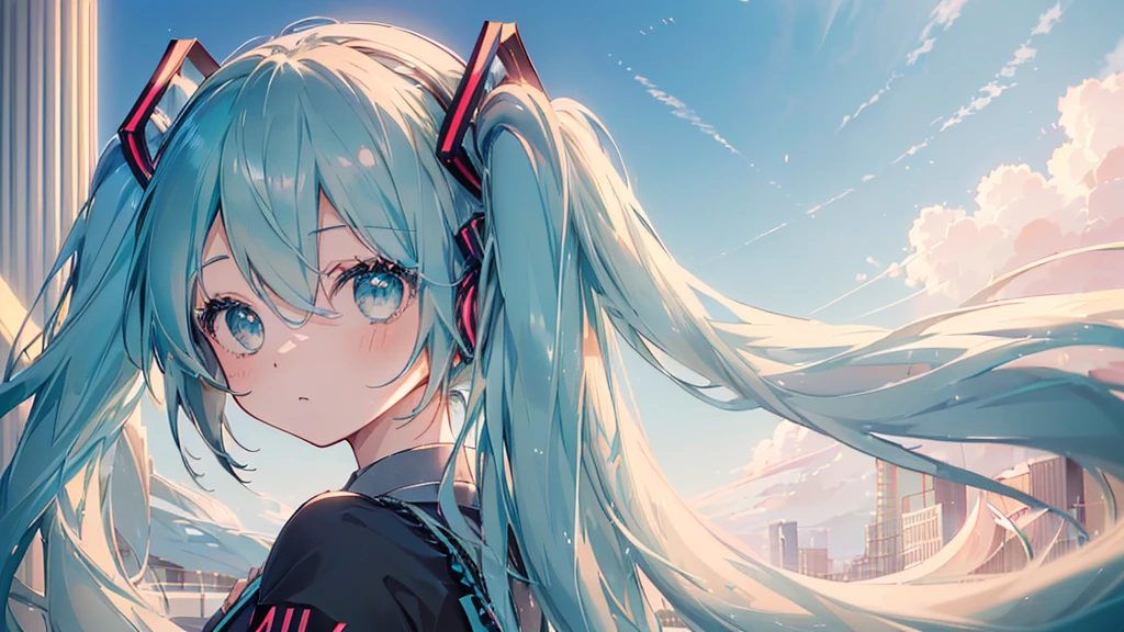 ((Asahi), ((Beautiful eyes)), (((Hatsune Miku))), (((Highest quality、masterpiece、Ultra-fine、Ultra-fine、Exquisite、16K、Full HD,))) 、(((look back))),Long eyelashes、White skin、(thin and long)、 ((cute)) ((One person)) 、