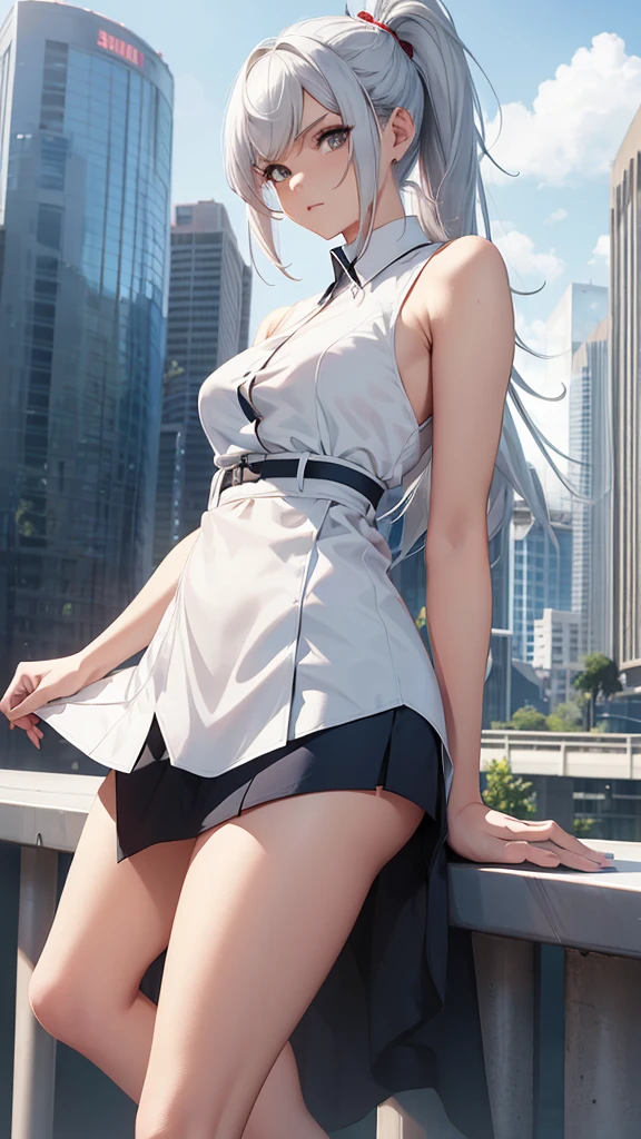 beautiful woman, whole body, double ponytail hair, silver hair, split pompadour, shirt, dark blue, white miniskirt, two bare arms, two bare arms, pantimedias blamcas, white heels with red sole, dinosaur park background