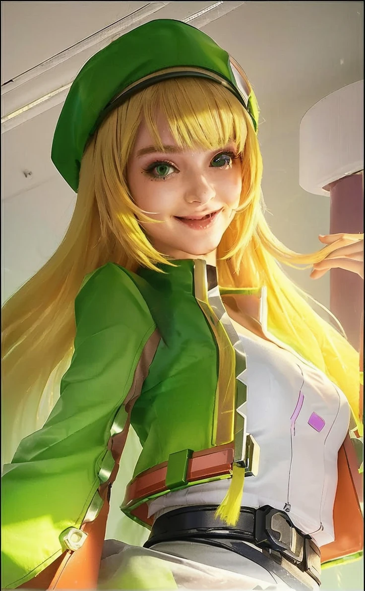 neon city, long hair, cyber punk, school girl, green hair, Beautiful collarbone, smile