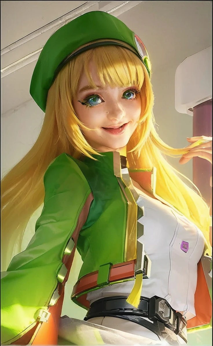 neon city, long hair, cyber punk, school girl, green hair, Beautiful collarbone, smile
