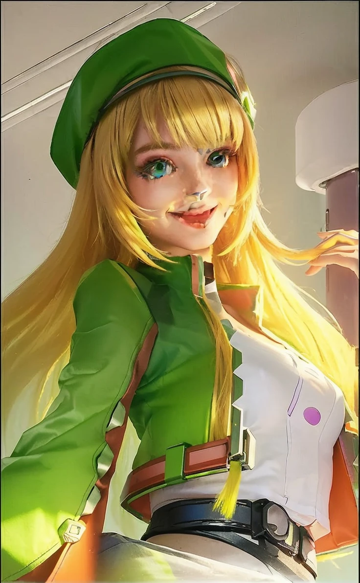 neon city, long hair, cyber punk, school girl, green hair, Beautiful collarbone, smile