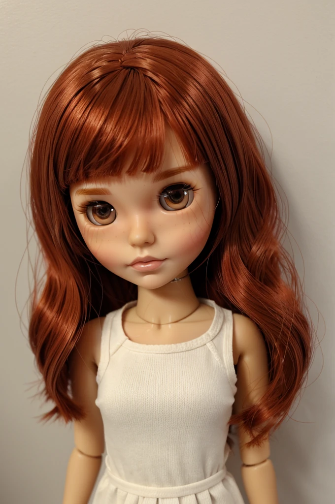 blythe doll with red hair with hair tied with a rubber band and brown eyes and long side bangs