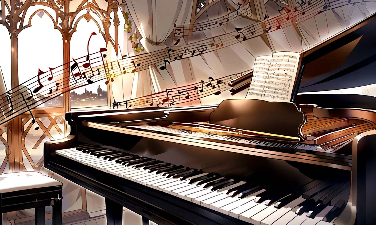 Draw a music festival poster，There is a piano.，violin，Musical note elements