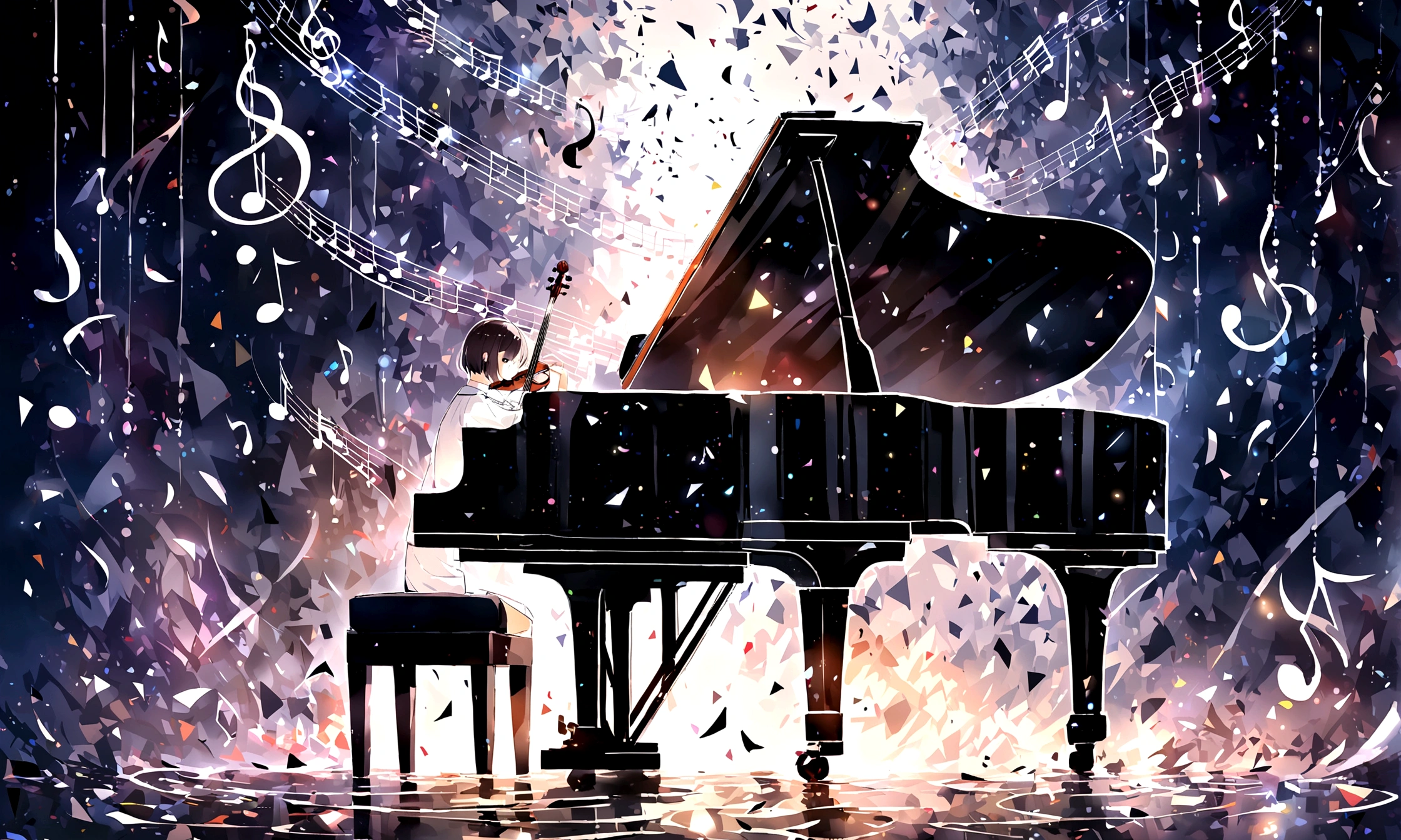 Draw a music festival poster,There is a piano.,violin,Musical note elements