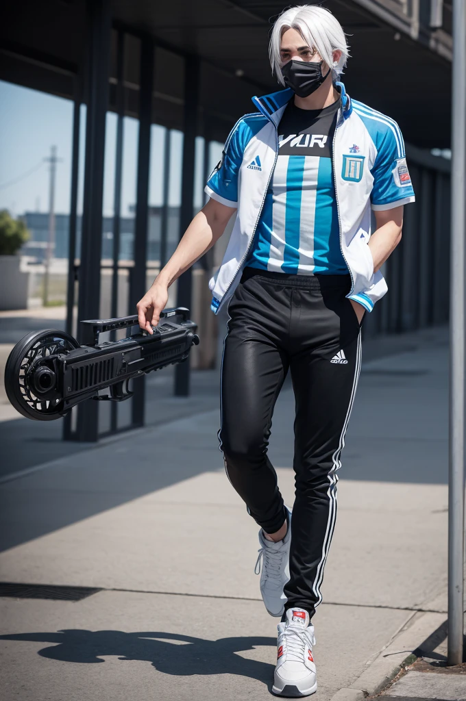 male free fire character with Argentina team shirt, with black pants ,White sneakers,with white hair and white mask