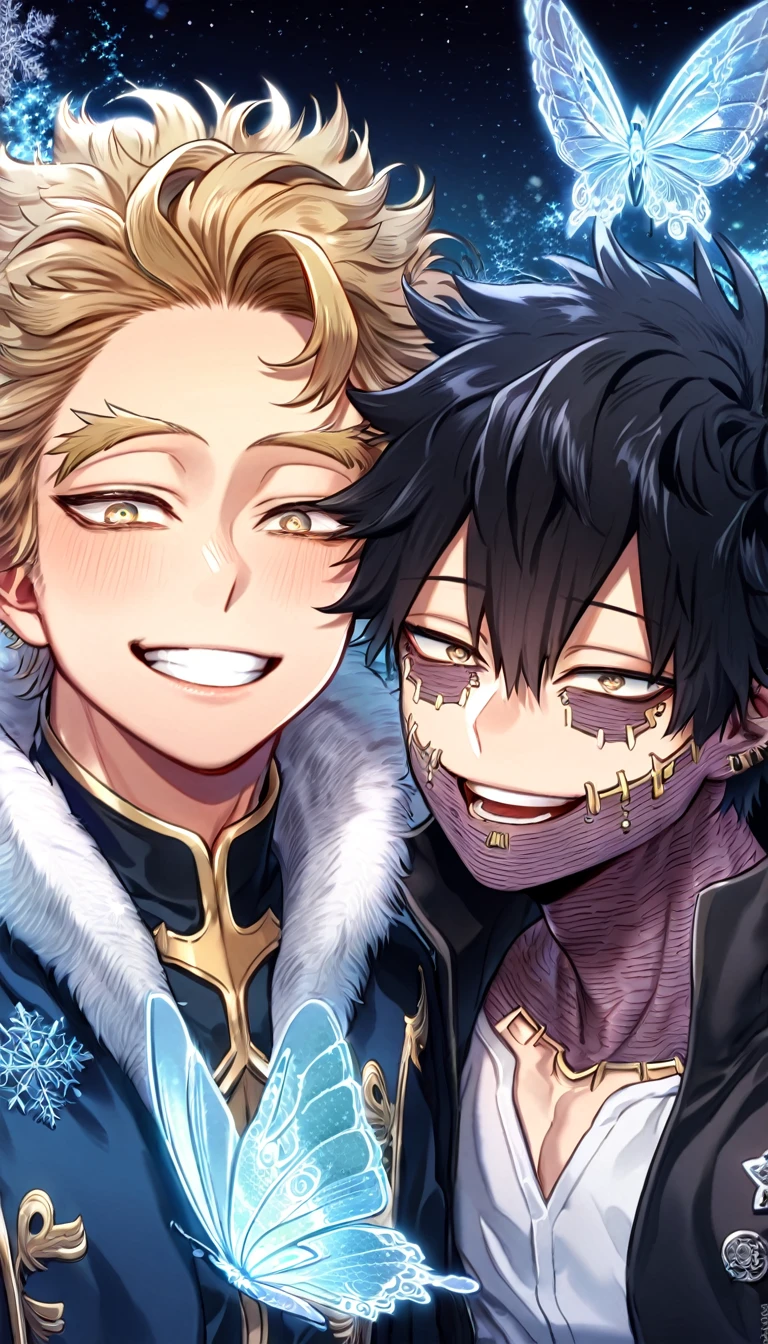 absurdres, highres, ultra detailed, HDR, master piece, best quality, extremely detailed face, delicated features, Hawks, ash blond hair, expressive brown eyes, Boku No Hero Academia, Dabi, black hair, expressive turquoise eyes, two sexy men together, yaoi, gay couple, handsome, smiling, blue jacket with fur, black coat, fantasy, magical, ice, blue fire, ice butterflies, snowflakes, starry night