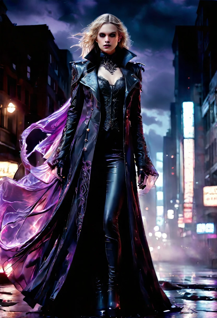 fantasy art, modern and gothic art, (masterpiece:1.5), full body best details, highly detailed, best quality, highres, full body portrait of a female vampire (Masterpiece, best quality: 1.6), ultra feminine, with a long curvy hair, blond hair, (red:1.3) eyes, ((beautiful delicate face)), Ultra Detailed Face (wearing elegant glamour open black trench coat: 1.5) , (flowing black trench coat: 1.5), wearing an intricate (purple suit: 1.2) (intricate details, Masterpiece, best quality: 1.3), high heeled boots, urban background (intense details, beat details), fantasy, at night light, natural ,moon light, clouds, gothic atmosphere, soft light, ((anatomically correct: 1.3)), high details, best quality, 16k, [ultra detailed], masterpiece, best quality, (extremely detailed), dynamic angle, drkfntasy, evening dress