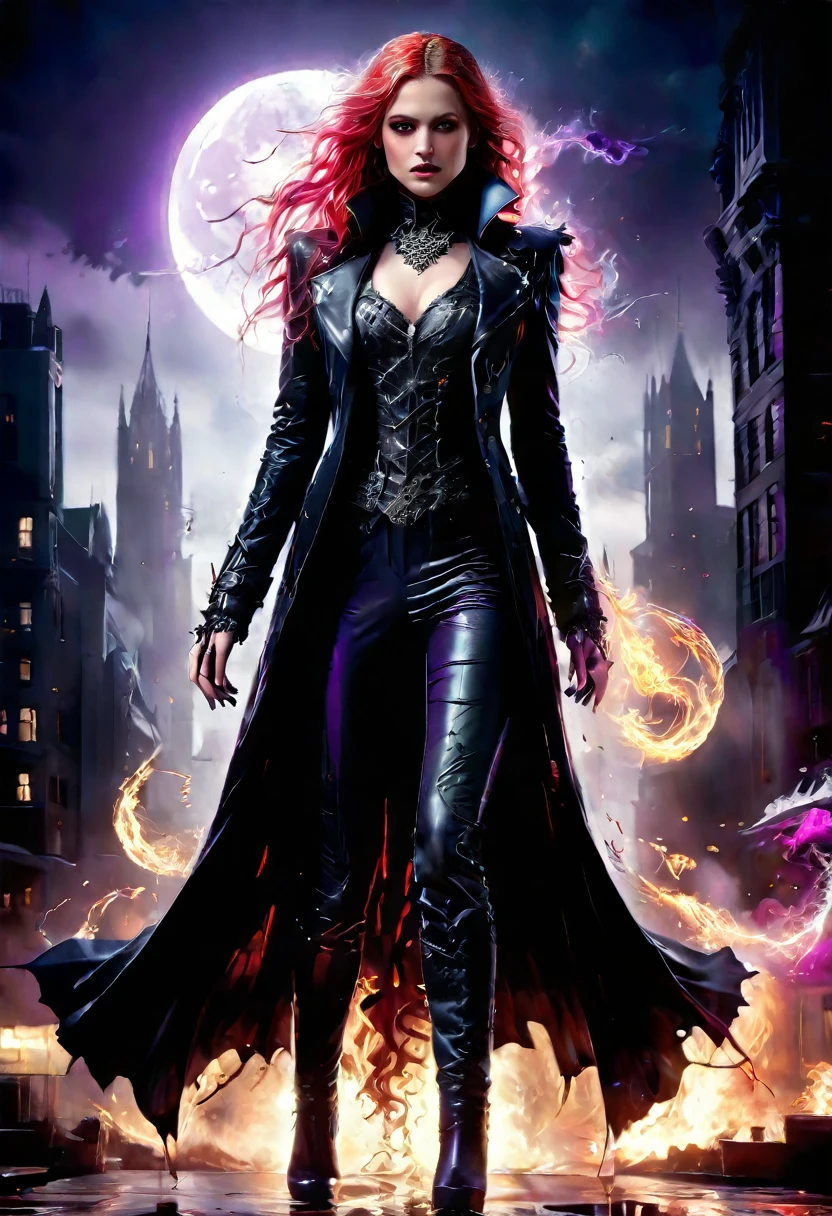 fantasy art, modern and gothic art, (masterpiece:1.5), full body best details, highly detailed, best quality, highres, full body portrait of a female vampire (Masterpiece, best quality: 1.6), ultra feminine, with a long curvy hair, blond hair, (red:1.3) eyes, ((beautiful delicate face)), Ultra Detailed Face (wearing elegant glamour open black trench coat: 1.5) , (flowing black trench coat: 1.5), wearing an intricate (purple suit: 1.2) (intricate details, Masterpiece, best quality: 1.3), high heeled boots, urban background (intense details, beat details), fantasy, at night light, natural ,moon light, clouds, gothic atmosphere, soft light, ((anatomically correct: 1.3)), high details, best quality, 16k, [ultra detailed], masterpiece, best quality, (extremely detailed), dynamic angle, drkfntasy, evening dress