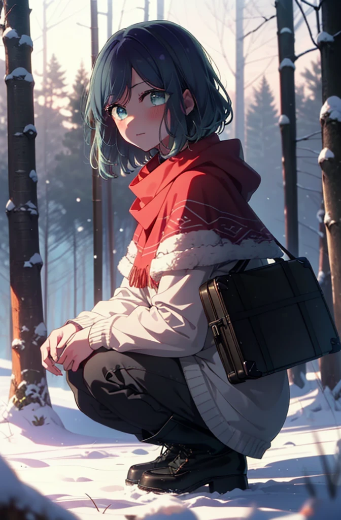 akanekurokawa, akane kurokawa, bangs, (Green Eyes:1.3), Blue Hair, Medium Hair, dark Blue Hair,smile,blush,White Breath,
Open your mouth,snow,Ground bonfire, Outdoor, boots, snowing, From the side, wood, suitcase, Cape, Blurred, , forest, White handbag, nature,  Squat, Mouth closed, Cape, winter, Written boundary depth, Black shoes, red Cape break looking at viewer, Upper Body, whole body, break Outdoor, forest, nature, break (masterpiece:1.2), Highest quality, High resolution, unity 8k wallpaper, (shape:0.8), (Beautiful and beautiful eyes:1.6), Highly detailed face, Perfect lighting, Extremely detailed CG, (Perfect hands, Perfect Anatomy),