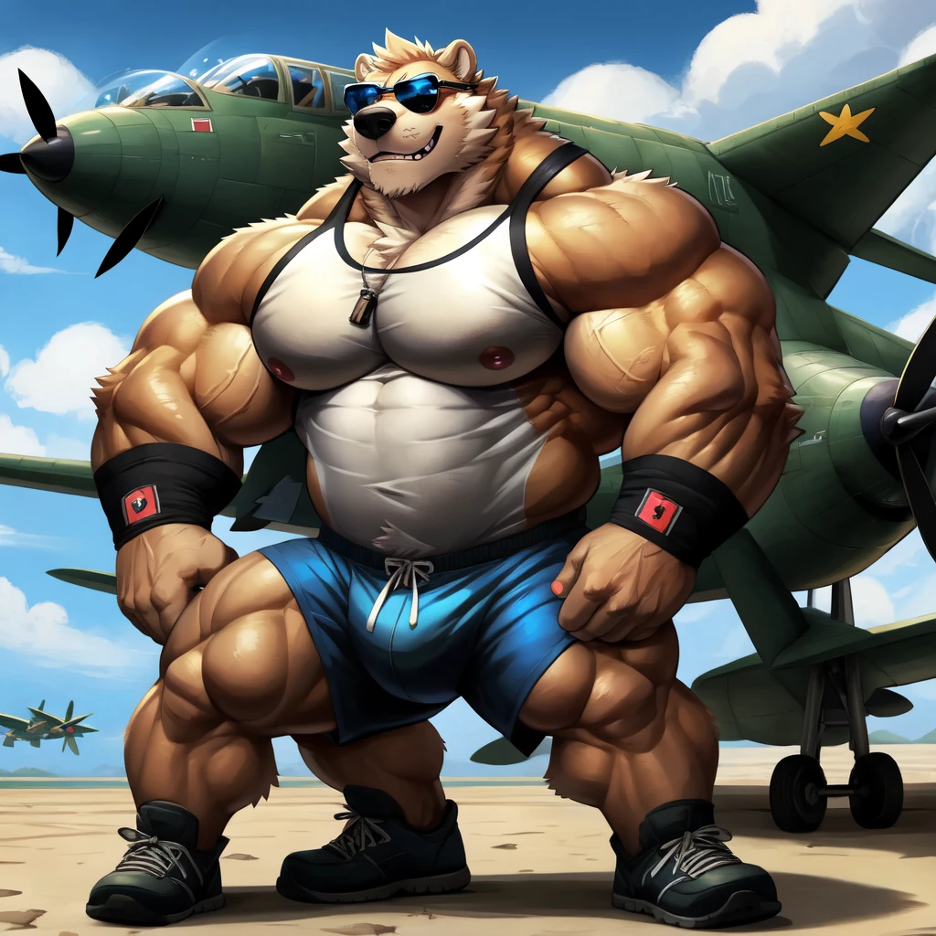 By dangpa, By daveoverlord, by kuulongarl, by takemoto, by kusunagi polar bear, muscular, topless, military, planes, huge pec, pectoral, large , blue tank top, black gym shorts, black wristbands, black gym shoes, wearing black sun glasses, attractive guy, 8k furry art