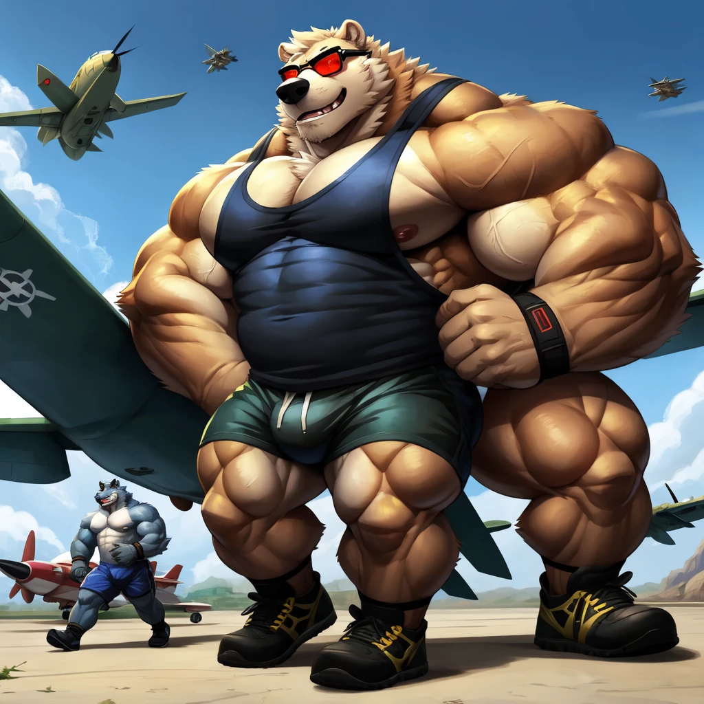 By dangpa, By daveoverlord, by kuulongarl, by takemoto, by kusunagi polar bear, muscular, topless, military, planes, huge pec, pectoral, large , blue tank top, black gym shorts, black wristbands, black gym shoes, wearing black sun glasses, attractive guy, 8k furry art