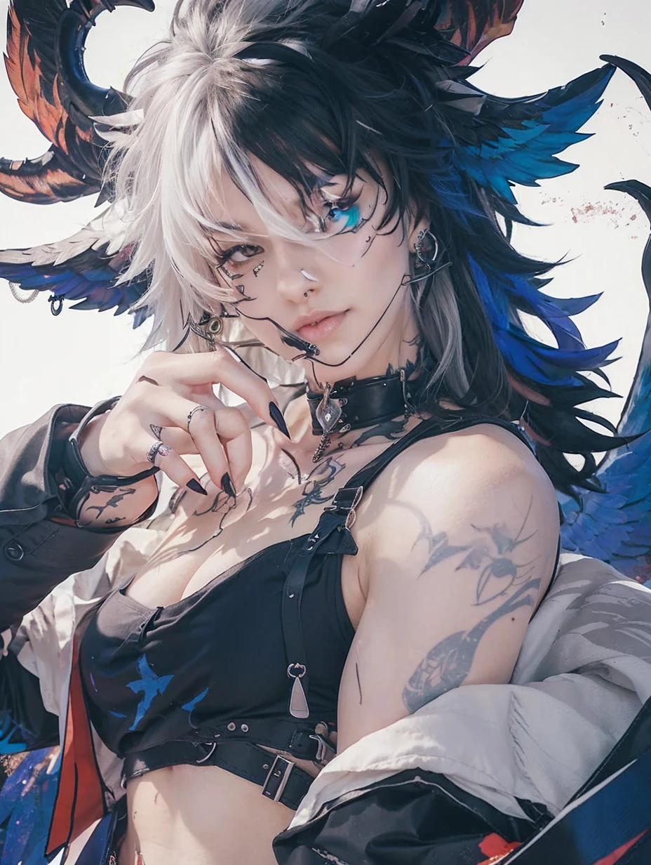 whole body, black wings with white, wolf tail and ears, tattoo on waist, mouth piercing, eyebrow piercing, navel piercing