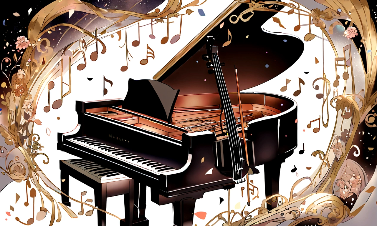 Draw a music festival poster,There is a piano.,violin,Musical note elements