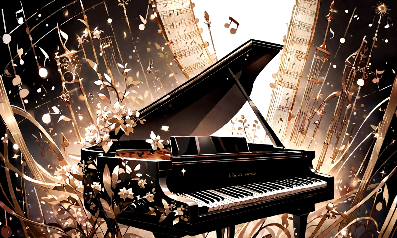 Draw a music festival poster,There is a piano.,violin,Musical note elements
