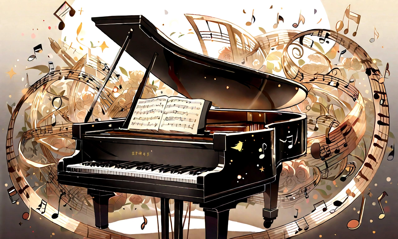 Draw a music festival poster，There is a piano.，violin，Musical note elements