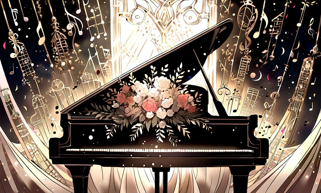Draw a music festival poster，There is a piano.，violin，Musical note elements