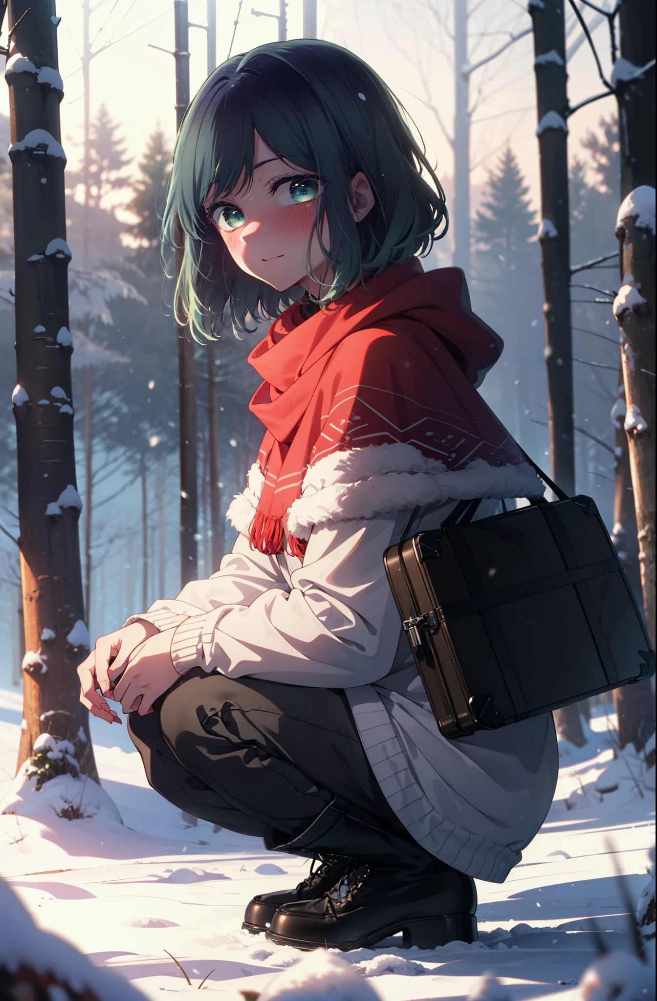 akanekurokawa, akane kurokawa, bangs, (Green Eyes:1.3), Blue Hair, Medium Hair, dark Blue Hair,smile,blush,White Breath,
Open your mouth,snow,Ground bonfire, Outdoor, boots, snowing, From the side, wood, suitcase, Cape, Blurred, , forest, White handbag, nature, Squat, Mouth closed, Cape, winter, Written boundary depth, Black shoes, red Cape break looking at viewer, Upper Body, whole body, break Outdoor, forest, nature, break (masterpiece:1.2), Highest quality, High resolution, unity 8k wallpaper, (shape:0.8), (Beautiful and beautiful eyes:1.6), Highly detailed face, Perfect lighting, Extremely detailed CG, (Perfect hands, Perfect Anatomy),
