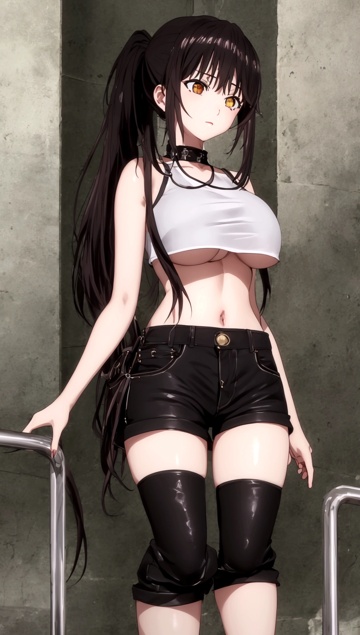 masterpiece、top-quality、hight resolution)、 Real life adaption for this character, Masterpiece, high quality, best lighting, cinematic, 1girl, tokisaki kurumi, long hair, ponytail, right eye red, left eye yellow, crop top, underboob, cowboy shot, ((mini short pants)), (perfect body), (((big thigh))), looking at viewer, standing, pool