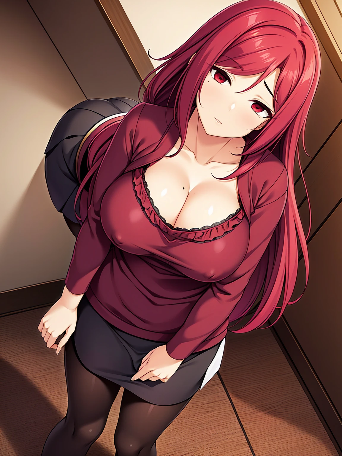 pink-hair red-hair,red-eyes,milf,Droopy eyes.chin mole、big-breast,35-year-old woman、milf、Red ruffled shirt、Black ruffled skirt、、long-hair,straight-hair,standing、red-lips-makeup,、whole body、Plump legs,独奏,Knitted clothing、lace-black-pantyhose,standing,from-below-shot,standing