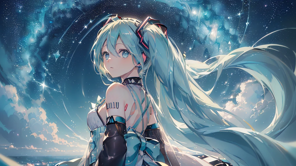(((Starry Sky), ((Beautiful eyes)), (((Hatsune Miku))), (((Highest quality、masterpiece、Ultra-fine、Ultra-fine、Exquisite、16K、Full HD,))) 、(((look back))),Long eyelashes、White skin、(thin and long)、 ((cute)) ((One person)) 、