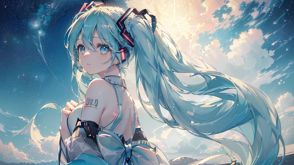 (((Starry Sky), ((Beautiful eyes)), (((Hatsune Miku))), (((Highest quality、masterpiece、Ultra-fine、Ultra-fine、Exquisite、16K、Full HD,))) 、(((look back))),Long eyelashes、White skin、(thin and long)、 ((cute)) ((One person)) 、